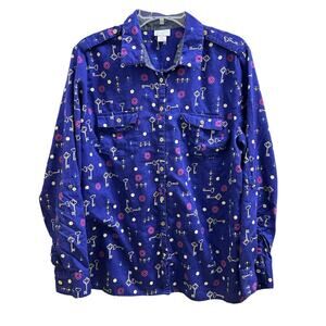 Jaclyn Smith Purple Key Pattern Long-sleeve Button Up XL 80's 90's Style